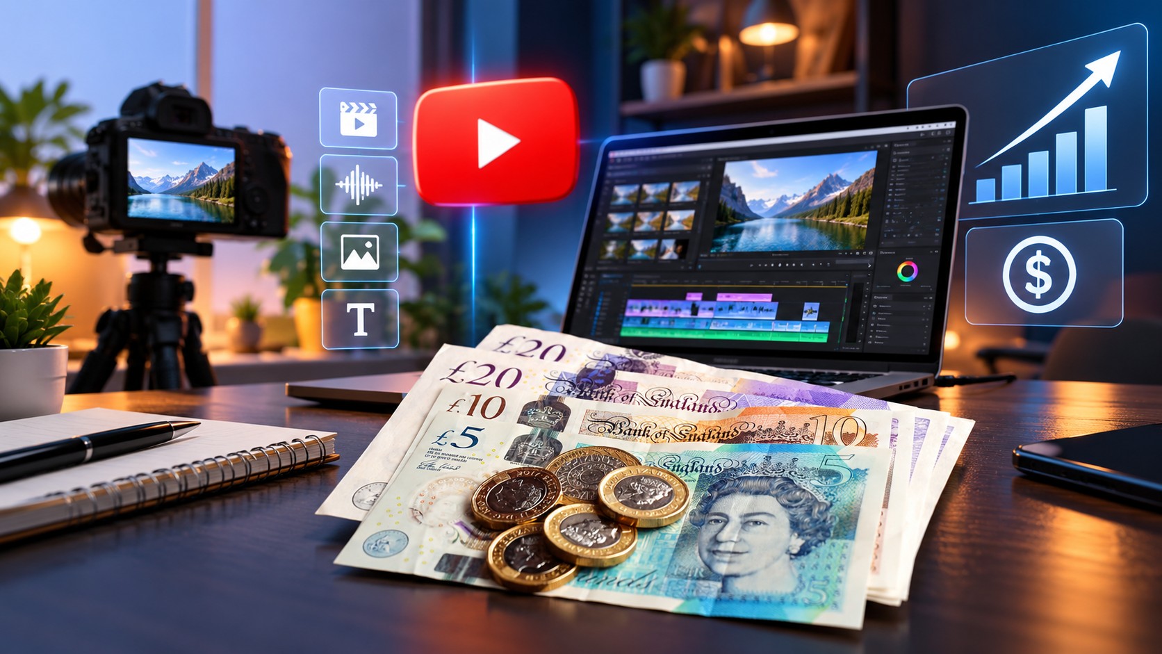 Una laptop editando un video generado con IA junto a una gráfica de ingresos de YouTube, con etiquetas para anuncios, afiliados, patrocinios y proyectos para clientes, además de billetes británicos.